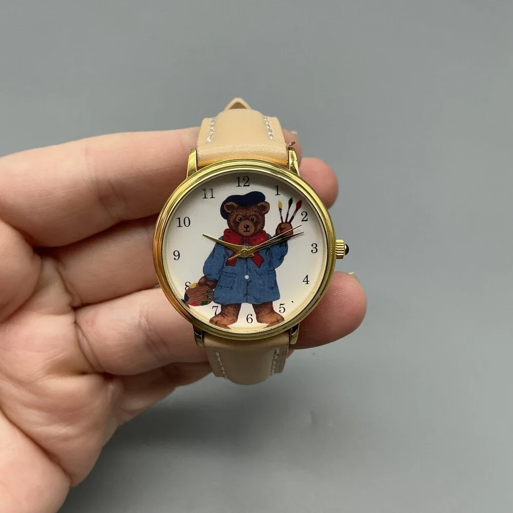 Womens Watch 33mm Brown Bear Dial Gold Tone Beige Leather Strap New Battery
